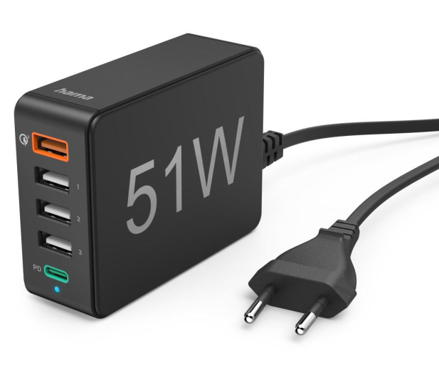 Hama Ładowarka Sieć. HAMA 51W 5 gniazdek czarna (1x PD USB-C,1xQC - 1465703 - zdjęcie